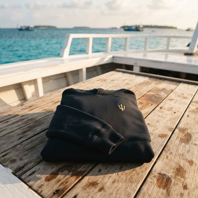 The DEPTHREX hoodie on a boat deck