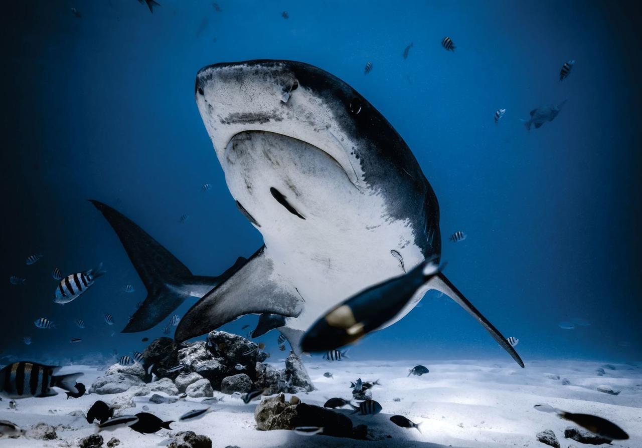 A tiger shark swimming low over the sand in Fuvahmulah